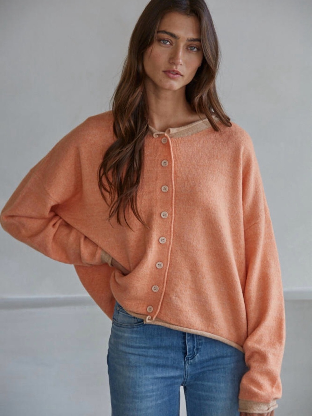 By Together Peach Button-Front Knit Cardigan with Contrast Trim
